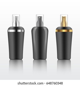 Set of realistic 3d cosmetic black plastic spray bottles isolated on white background. Vector illustration.