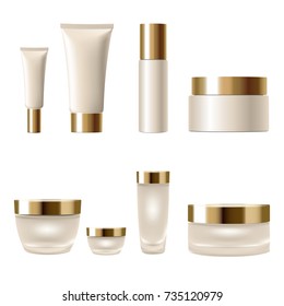 Set realistic 3d cosmetic package cream jar tubes. Light yellow beige gold metallic containers glass plastic isolated white background. Promotional empty ad product templates vector illustration art