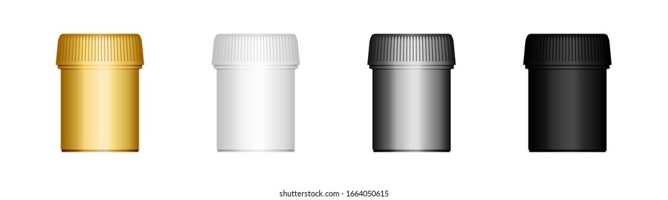 Set of realistic 3d cream container mockup isolated - white, black, golden, silver. Vector illustration for package design. Blank medicine, cosmetic, household and hygiene pack template