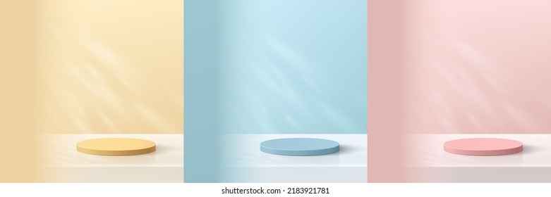 Set of realistic 3d cylinder pedestal podium in yellow, blue, pink scene background with light and shadow. Abstract minimal wall scene mockup products display, Stage showcase. Vector geometric forms.