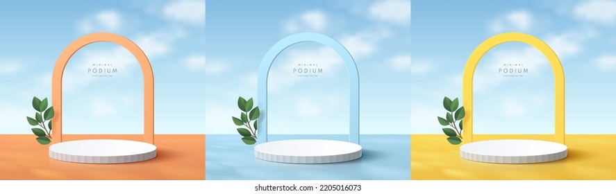 Set of realistic 3d cylinder podium on orange, blue, yellow floor background with green leaf and clouds sky. Abstract minimal scene mockup for products display, Stage showcase. Vector geometric forms.