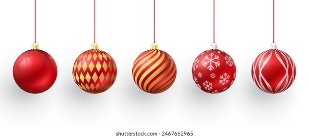 Set of realistic 3D decorative holiday elements, festive red balls with luxury golden and silver elements isolated on white background.