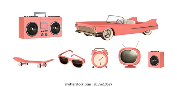 Set realistic 3d design objects  pink convertible car  retro tape recorder  modern sun goggles  vintage TV  sports skateboard  music column  alarm clock  Vector illustration