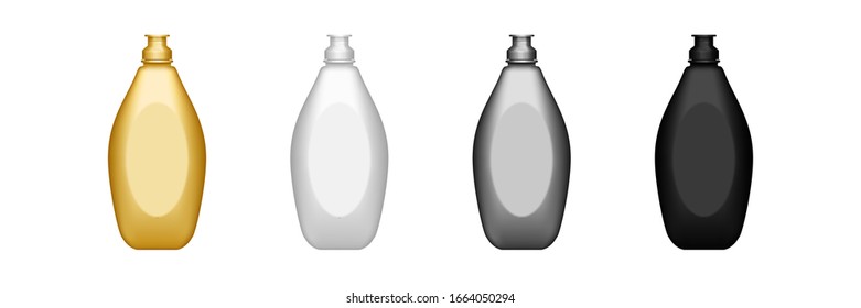 Set of realistic 3d detergent bottle mockup isolated - white, black, golden, silver. Vector illustration for package design. Blank medicine, cosmetic, household and hygiene pack template