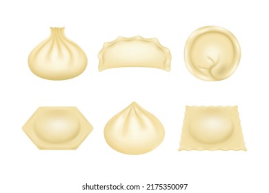 Set of realistic 3d dumplings, khinkali, ravioli, pelmeni, vareniki. Georgian, Ukrainian, Italian and oriental kitchen of stuffed with meat dough. Traditional cuisine with meat. Vector illustration