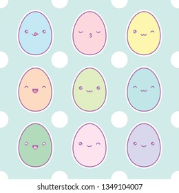 Set of realistic 3D easter eggs with shadows. Kawaii eggs with cute faces in different expressions. Vector illustration