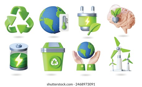 Set of realistic 3d ECO icons. Brain With Eco Bulb, Plug, Earth Temperature, Recycling Symbol, Electric Windmill, Hand Holding Planet Earth, Recycled Waste and Battery Power. Energy Concept 3d Vector 