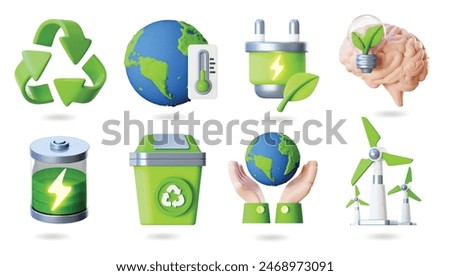 Set of realistic 3d ECO icons. Brain With Eco Bulb, Plug, Earth Temperature, Recycling Symbol, Electric Windmill, Hand Holding Planet Earth, Recycled Waste and Battery Power. Energy Concept 3d Vector 