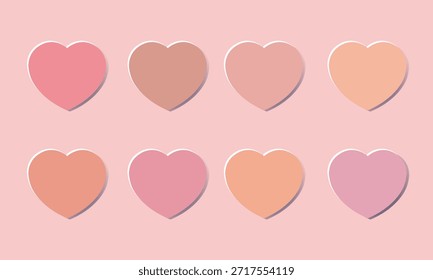 Un conjunto de corazones realistas en relieve 3D en tonos nude, melocotón y rosa. Corte de papel y estilo artesanal. Etiqueta, placa, Botón. Elemento de diseño para el día de San Valentín, amor, nacimiento y temas de boda.