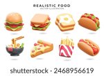 Set of realistic 3d Fast Food icons Burger, Sandwich, Toast with Egg, Tacos, Ramen, Pizza, French Freis and Hot Dog. 3d Food Vector illustration