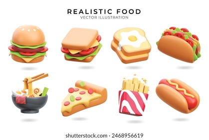 Conjunto de iconos realistas de comida rápida 3d hamburguesa, sándwich, tostada con huevo, tacos, ramen, pizza, papas fritas francesas y Hot Dog. Ilustración vectorial de alimentos 3d