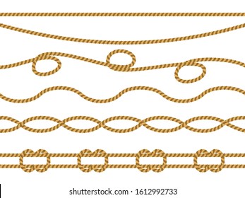 Set of realistic 3d fiber ropes. Rope frame set isolated. Realistic texture string, jute, thread or cord borders pattern. Straight and tied up strings. Realistic marine cord, navy thread - vector