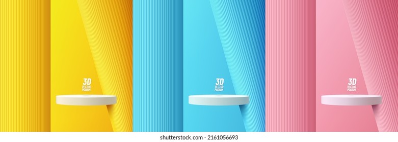 Set of realistic 3D floating white cylinder podium in yellow, blue, pink rooms with vertical pillar background. Abstract vector rendering geometric forms. Mockup product display. Minimal wall scene. 