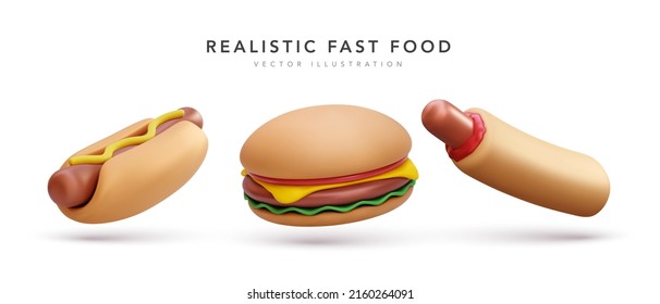 Set of realistic 3d flying burger and hotdogs isolated on white background. Vector illustration