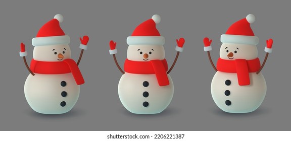 Set realistic 3d funny snowmans. Merry Christmas and Happy New Year. Vector illustration