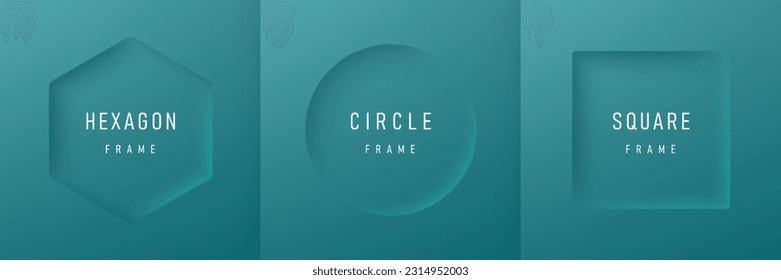 Set of realistic 3D geometric frames background in hexagon, circle, square on green blue color with light and shadow. Minimal neumorphism scene with copy space. Top view for mockup product display. 