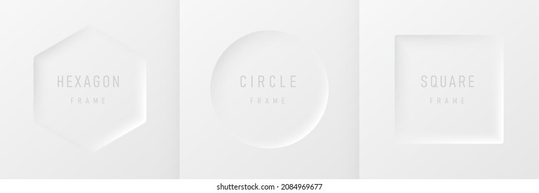 Set of realistic 3d geometric hexagon, circle and square frame on white background. Collection of Minimal frames background with copy space. Top view for product display. Vector illustration 