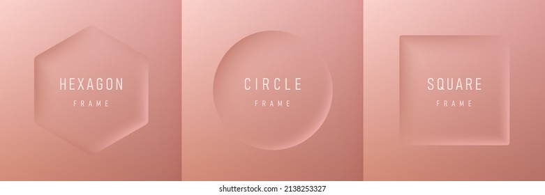 Set of realistic 3d geometric hexagon, circle and square frame on luxury pink gold background. Collection of Minimal frames background with copy space. Top view for product display. Light and Shadow.