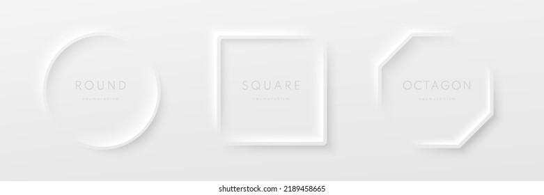 Set realistic 3d geometric octagon  circle   square frame white background in neumorphism style  Collection Minimal frames isolated vector background and copy space  Top view design 