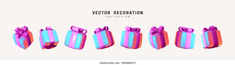 Set of realistic 3d gifts box. Holiday decoration presents. Festive gift surprise. Decor Isolated boxes. Vector illustration