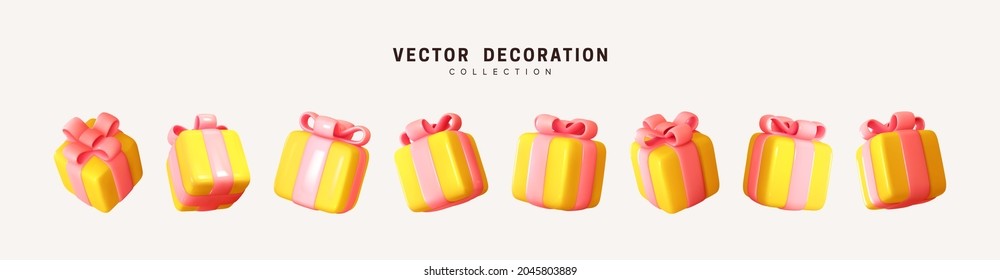 Set of realistic 3d gifts box. Holiday decoration presents. Festive gift surprise. Decor Isolated boxes. Vector illustration