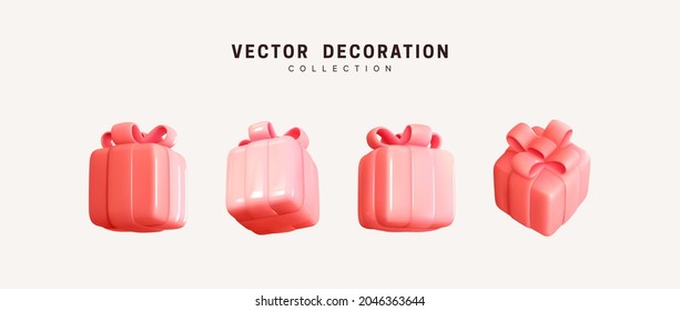 Set of realistic 3d gifts box. Holiday decoration presents. Festive gift surprise. Decor Isolated pink boxes. Vector illustration