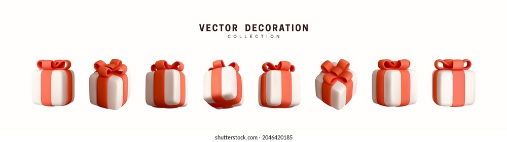 Set of realistic 3d gifts box. Holiday decoration presents. Festive gift surprise. Decor Isolated white boxes and red bow. Vector illustration