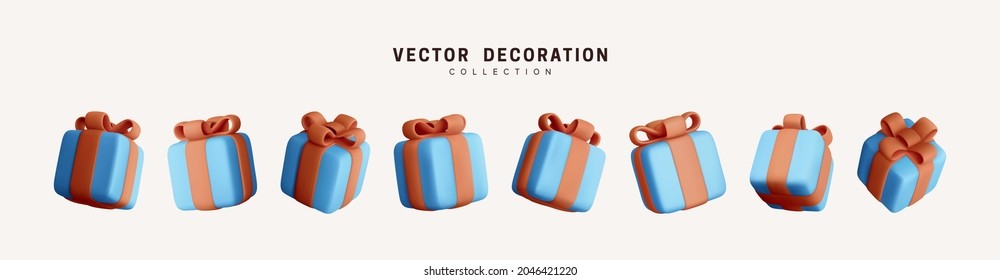 Set of realistic 3d gifts box. Holiday decoration presents. Festive gift surprise. Decor Isolated boxes. Vector illustration