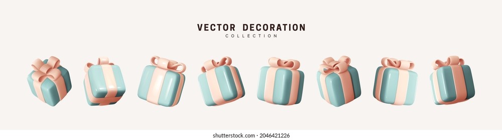 Set of realistic 3d gifts box. Holiday decoration presents. Festive gift surprise. Decor Isolated boxes. Vector illustration