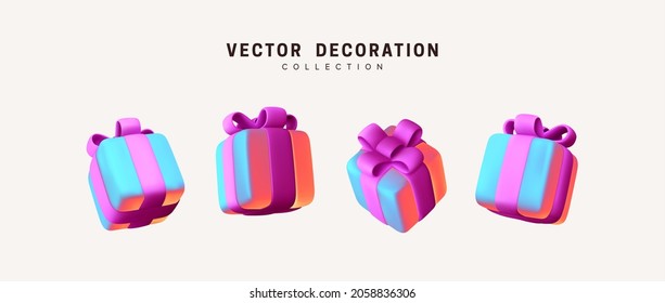 Set of realistic 3d gifts box. Holiday decoration presents. Festive gift surprise. Decor Isolated boxes. Vector illustration