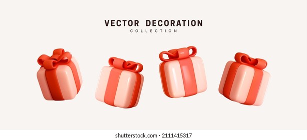 Set of realistic 3d gifts box. Holiday decoration presents. Festive gift surprise. Decor Isolated boxes. Vector illustration