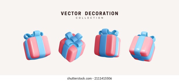 Set of realistic 3d gifts box. Holiday decoration presents. Festive gift surprise. Decor Isolated boxes. Vector illustration