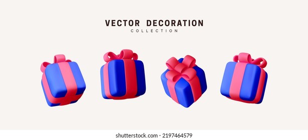 Juego de realistas cajas de regalos 3d. La decoración de vacaciones es un regalo. Sorpresa de regalo festivo. Decoración Cajas aisladas. Ilustración del vector