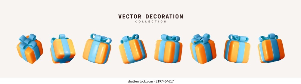 Set of realistic 3d gifts box. Holiday decoration presents. Festive gift surprise. Decor Isolated boxes. Vector illustration