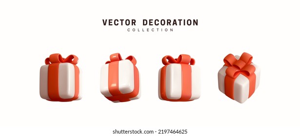 Set of realistic 3d gifts box. Holiday decoration presents. Festive gift surprise. Decor Isolated boxes. Vector illustration