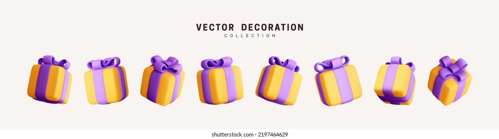 Set of realistic 3d gifts box. Holiday decoration presents. Festive gift surprise. Decor Isolated boxes. Vector illustration