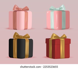 Set of Realistic 3D Gifts Box. Holiday Decoration Presents. Festive Gift Surprise. Decor Isolated Boxes. Vector Illustration.