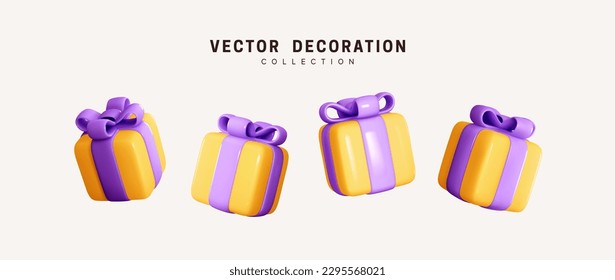 Set of realistic 3d gifts box. Holiday decoration presents. Festive gift surprise. Decor Isolated boxes. Vector illustration