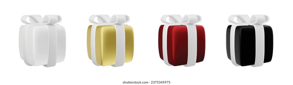 Set of realistic 3d gifts box. Holiday decoration presents. Festive gift surprise. Decor Isolated boxes. Vector illustration