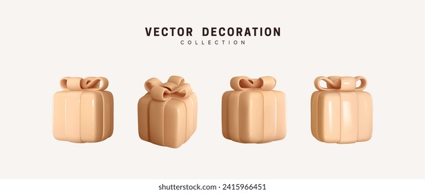 Set of realistic 3d gifts box. Holiday decoration presents. Festive gift surprise. Decor Isolated boxes. Vector illustration