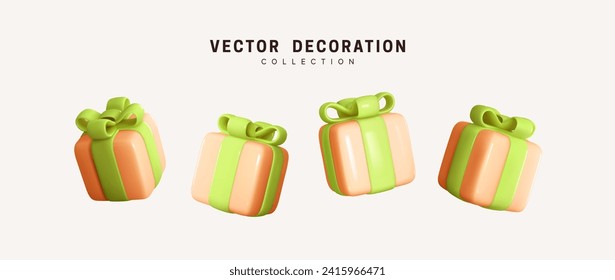 Set of realistic 3d gifts box. Holiday decoration presents. Festive gift surprise. Decor Isolated boxes. Vector illustration