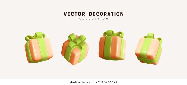 Set of realistic 3d gifts box. Holiday decoration presents. Festive gift surprise. Decor Isolated boxes. Vector illustration