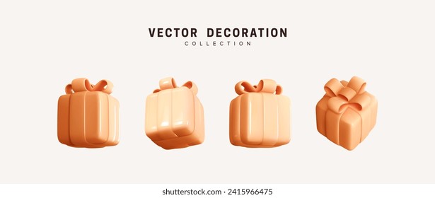 Set of realistic 3d gifts box. Holiday decoration presents. Festive gift surprise. Decor Isolated boxes. Vector illustration