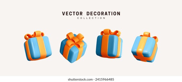 Set of realistic 3d gifts box. Holiday decoration presents. Festive gift surprise. Decor Isolated boxes. Vector illustration