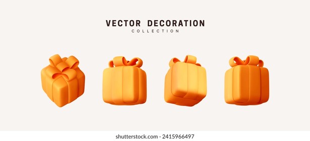 Set of realistic 3d gifts box. Holiday decoration presents. Festive gift surprise. Decor Isolated boxes. Vector illustration