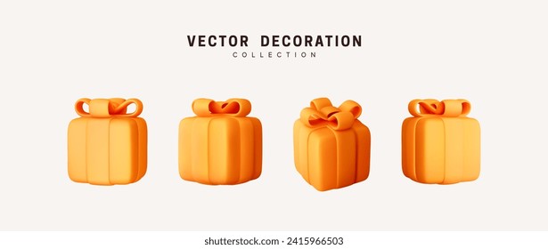 Set of realistic 3d gifts box. Holiday decoration presents. Festive gift surprise. Decor Isolated boxes. Vector illustration