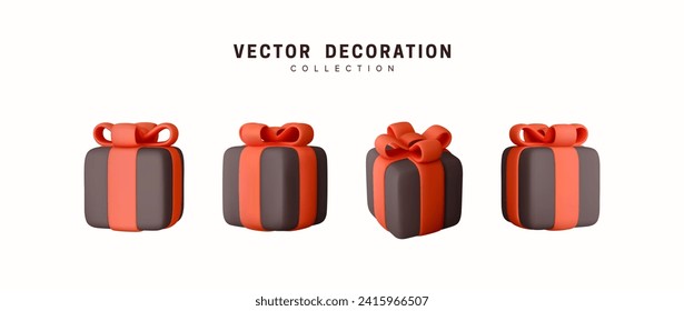 Set of realistic 3d gifts box. Holiday decoration presents. Festive gift surprise. Decor Isolated boxes. Vector illustration