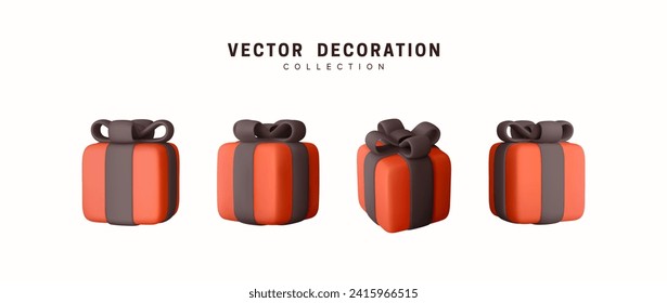 Set of realistic 3d gifts box. Holiday decoration presents. Festive gift surprise. Decor Isolated boxes. Vector illustration