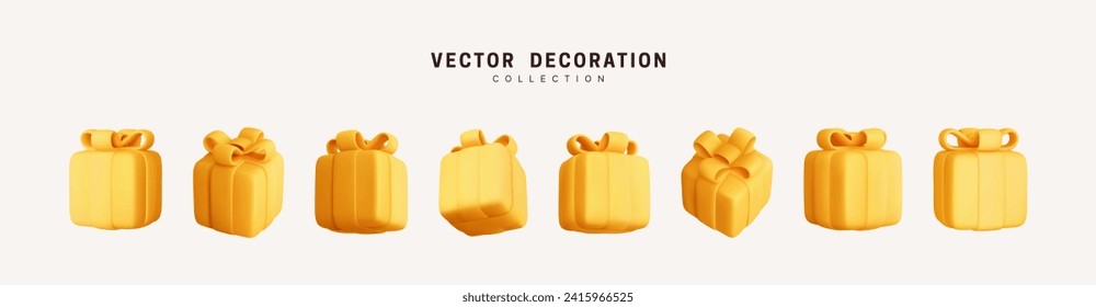 Set of realistic 3d gifts box. Holiday decoration presents. Festive gift surprise. Decor Isolated boxes. Vector illustration