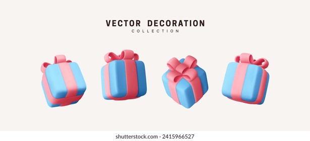 Set of realistic 3d gifts box. Holiday decoration presents. Festive gift surprise. Decor Isolated boxes. Vector illustration